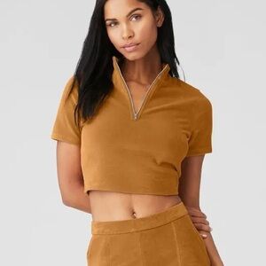 Alo Yoga Quarter Zip Mock Neck Corduroy Crop Top In Toffee -  Women’s size small